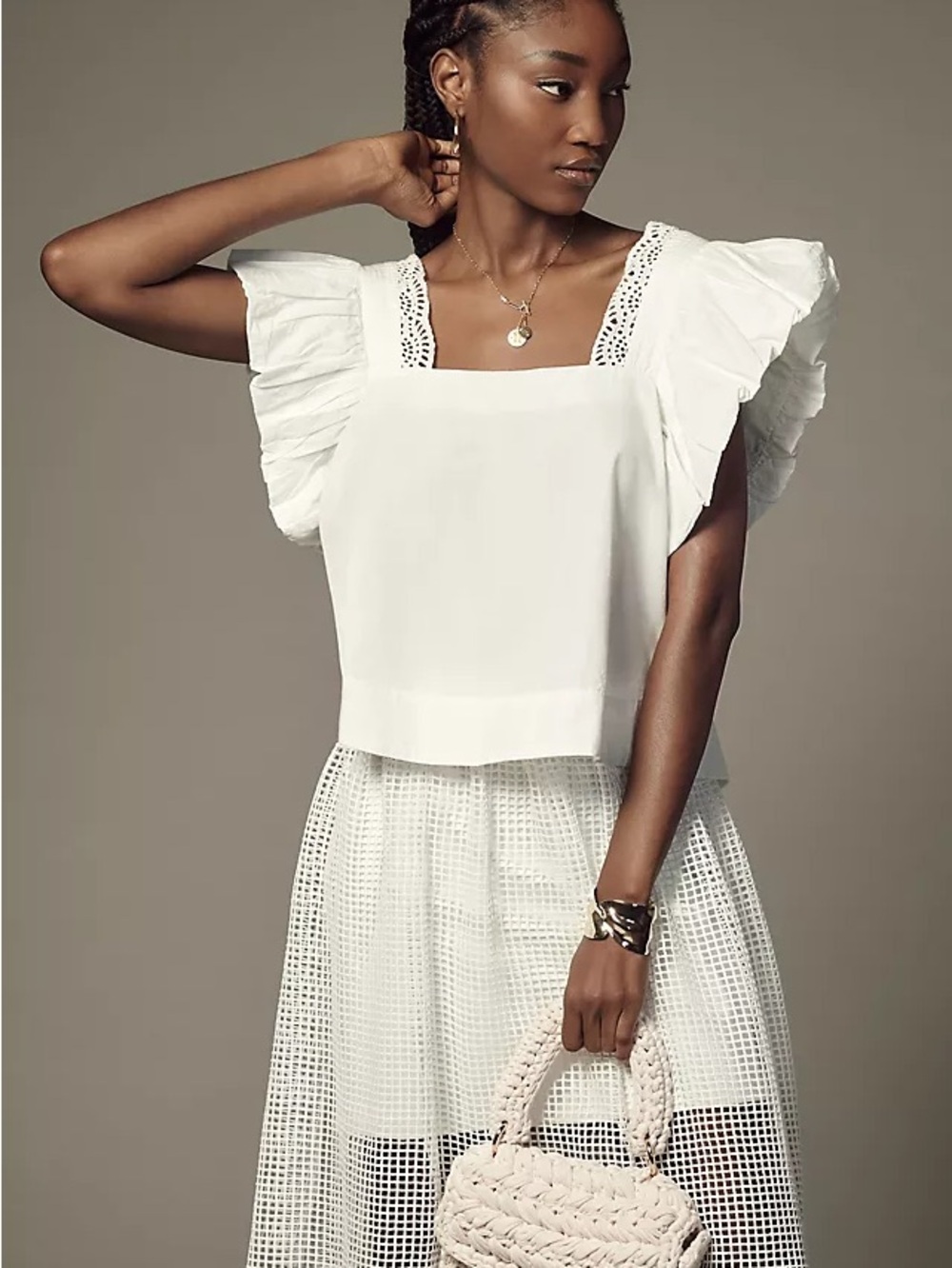 By Anthropologie White Flutter-Sleeve Square Neck Blouse